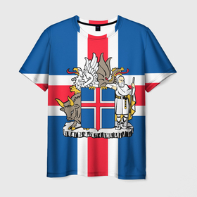 Мужская футболка 3D с принтом Флаг и Герб Исландии , 100% полиэфир | прямой крой, круглый вырез горловины, длина до линии бедер | бык | герб | грифон | дракон | исландии | исландия | коровы | красный | линии | орел | пастух | синий | флаг
