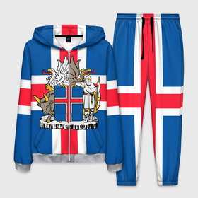 Мужской костюм 3D с принтом Флаг и Герб Исландии в Белгороде, 100% полиэстер | Манжеты и пояс оформлены тканевой резинкой, двухслойный капюшон со шнурком для регулировки, карманы спереди | бык | герб | грифон | дракон | исландии | исландия | коровы | красный | линии | орел | пастух | синий | флаг