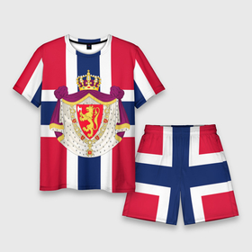 Мужской костюм с шортами 3D с принтом Норвегия | Флаг и герб Норвегии в Тюмени,  |  | Тематика изображения на принте: герб | герб норвегии | корона | красный | лев | линии | норвегии | норвегия | синий | топор | флаг | флаг норвегии | щит