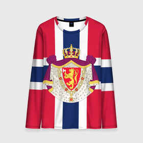 Мужской лонгслив 3D с принтом Норвегия | Флаг и герб Норвегии в Курске, 100% полиэстер | длинные рукава, круглый вырез горловины, полуприлегающий силуэт | герб | герб норвегии | корона | красный | лев | линии | норвегии | норвегия | синий | топор | флаг | флаг норвегии | щит