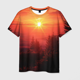 Мужская футболка 3D с принтом УТРЕННИЙ РАССВЕТ НАД ОБЛАКАМИ в Екатеринбурге, 100% полиэфир | прямой крой, круглый вырез горловины, длина до линии бедер | деревья | лес | лето | лучи | облака | рассвет | солнце | утро