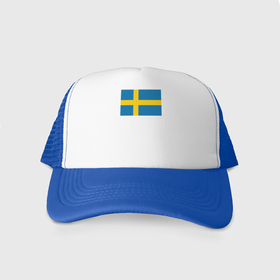 Кепка тракер с сеткой с принтом Швеция | Флаг Швеции , трикотажное полотно; задняя часть — сетка | длинный козырек, универсальный размер, пластиковая застежка | герб | желтый | знак | линии | прямоугольник | символика | синий | флаг | швеции | швеция