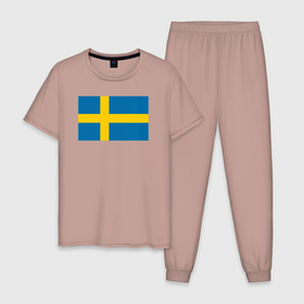 Мужская пижама хлопок с принтом Швеция | Флаг Швеции в Петрозаводске, 100% хлопок | брюки и футболка прямого кроя, без карманов, на брюках мягкая резинка на поясе и по низу штанин
 | герб | желтый | знак | линии | прямоугольник | символика | синий | флаг | швеции | швеция