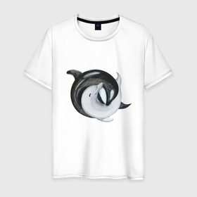 Мужская футболка хлопок с принтом Инь Янь в Тюмени, 100% хлопок | прямой крой, круглый вырез горловины, длина до линии бедер, слегка спущенное плечо. | гармония | дельфины | инь и янь | любовь | слияние