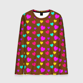 Мужской лонгслив 3D с принтом сердечки разноцветные  в Санкт-Петербурге, 100% полиэстер | длинные рукава, круглый вырез горловины, полуприлегающий силуэт | Тематика изображения на принте: hearts | love | бирюзовый | влюбленый | желтый | коричневый | любовь | разноцветные | розовый | сердечко | сердце | шоколад