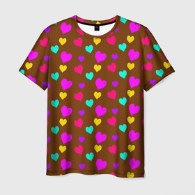 Мужская футболка 3D с принтом сердечки разноцветные  в Петрозаводске, 100% полиэфир | прямой крой, круглый вырез горловины, длина до линии бедер | Тематика изображения на принте: hearts | love | бирюзовый | влюбленый | желтый | коричневый | любовь | разноцветные | розовый | сердечко | сердце | шоколад