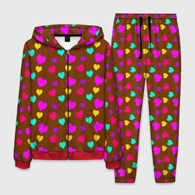 Мужской костюм 3D с принтом сердечки разноцветные  в Тюмени, 100% полиэстер | Манжеты и пояс оформлены тканевой резинкой, двухслойный капюшон со шнурком для регулировки, карманы спереди | hearts | love | бирюзовый | влюбленый | желтый | коричневый | любовь | разноцветные | розовый | сердечко | сердце | шоколад