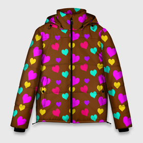 Мужская зимняя куртка 3D с принтом сердечки разноцветные в Тюмени, верх — 100% полиэстер; подкладка — 100% полиэстер; утеплитель — 100% полиэстер | длина ниже бедра, свободный силуэт Оверсайз. Есть воротник-стойка, отстегивающийся капюшон и ветрозащитная планка. 

Боковые карманы с листочкой на кнопках и внутренний карман на молнии. | hearts | love | бирюзовый | влюбленый | желтый | коричневый | любовь | разноцветные | розовый | сердечко | сердце | шоколад