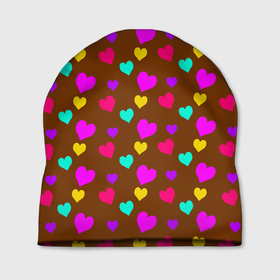 Шапка 3D с принтом сердечки разноцветные  в Тюмени, 100% полиэстер | универсальный размер, печать по всей поверхности изделия | Тематика изображения на принте: hearts | love | бирюзовый | влюбленый | желтый | коричневый | любовь | разноцветные | розовый | сердечко | сердце | шоколад