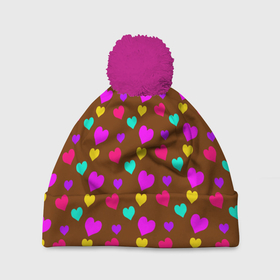 Шапка 3D c помпоном с принтом сердечки разноцветные  в Тюмени, 100% полиэстер | универсальный размер, печать по всей поверхности изделия | hearts | love | бирюзовый | влюбленый | желтый | коричневый | любовь | разноцветные | розовый | сердечко | сердце | шоколад