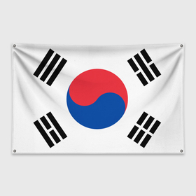 Флаг-баннер с принтом Корея | Корейский флаг в Тюмени, 100% полиэстер | размер 67 х 109 см, плотность ткани — 95 г/м2; по краям флага есть четыре люверса для крепления | буква | герб | знак | иероглифы | корейский | корейский флаг | корея | символ | символы | флаг | флаг кореи | эмблема | эмблемма