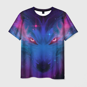 Мужская футболка 3D с принтом Космо Волк в Тюмени, 100% полиэфир | прямой крой, круглый вырез горловины, длина до линии бедер | волк | звезды | космический волк | космо волк | космос | неон | рисунок