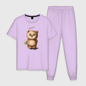 Мужская пижама хлопок с принтом Медведь в Петрозаводске, 100% хлопок | брюки и футболка прямого кроя, без карманов, на брюках мягкая резинка на поясе и по низу штанин
 | зверь | игрушка цветок | медведик | медведь | медвежонок | милый | мишка | привет | ромашка