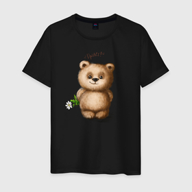 Мужская футболка хлопок с принтом Медведь в Белгороде, 100% хлопок | прямой крой, круглый вырез горловины, длина до линии бедер, слегка спущенное плечо. | Тематика изображения на принте: зверь | игрушка цветок | медведик | медведь | медвежонок | милый | мишка | привет | ромашка