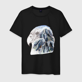 Мужская футболка хлопок с принтом Орел и горы в Курске, 100% хлопок | прямой крой, круглый вырез горловины, длина до линии бедер, слегка спущенное плечо. | голова | горы | графика | небо | орел | перья | пики | полет | птица | путешествие | снег | хребет