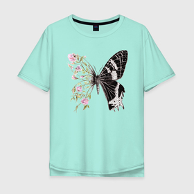 Мужская футболка хлопок Oversize с принтом Бабочка и цветы в Санкт-Петербурге, 100% хлопок | свободный крой, круглый ворот, “спинка” длиннее передней части | акварель | бабочка | бутоны | графика | крылья | лето | насекомое | природа | растение | розы | фауна | цветы | шипы