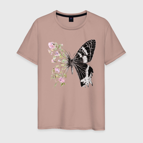 Мужская футболка хлопок с принтом Бабочка и цветы в Курске, 100% хлопок | прямой крой, круглый вырез горловины, длина до линии бедер, слегка спущенное плечо. | акварель | бабочка | бутоны | графика | крылья | лето | насекомое | природа | растение | розы | фауна | цветы | шипы