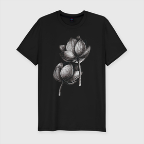 Мужская футболка хлопок Slim с принтом Лилии в Санкт-Петербурге, 92% хлопок, 8% лайкра | приталенный силуэт, круглый вырез ворота, длина до линии бедра, короткий рукав | бутон | графика | лето | лилии | природа | растение | цветы | черный