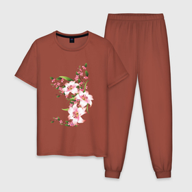 Мужская пижама хлопок с принтом Прекрасные лилии в Белгороде, 100% хлопок | брюки и футболка прямого кроя, без карманов, на брюках мягкая резинка на поясе и по низу штанин
 | Тематика изображения на принте: лилии | прекрасные лилии | растения | розовые цветы | цветы