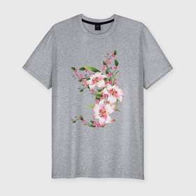Мужская футболка хлопок Slim с принтом Прекрасные лилии в Петрозаводске, 92% хлопок, 8% лайкра | приталенный силуэт, круглый вырез ворота, длина до линии бедра, короткий рукав | лилии | прекрасные лилии | растения | розовые цветы | цветы