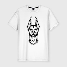 Мужская футболка хлопок Slim с принтом Доберман в Тюмени, 92% хлопок, 8% лайкра | приталенный силуэт, круглый вырез ворота, длина до линии бедра, короткий рукав | doberman | dog | бойцовская | доберман | собака | собаки