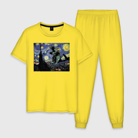Мужская пижама хлопок с принтом Годзилла Ван Гога в Кировске, 100% хлопок | брюки и футболка прямого кроя, без карманов, на брюках мягкая резинка на поясе и по низу штанин
 | ван гог | годзилла | живопись