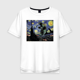 Мужская футболка хлопок Oversize с принтом Годзилла Ван Гога в Екатеринбурге, 100% хлопок | свободный крой, круглый ворот, “спинка” длиннее передней части | ван гог | годзилла | живопись