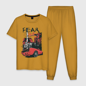 Мужская пижама хлопок с принтом Fear this в Тюмени, 100% хлопок | брюки и футболка прямого кроя, без карманов, на брюках мягкая резинка на поясе и по низу штанин
 | fear this | ford | автомобиль | бойтесь этого | город | здания | знак | машина | форд