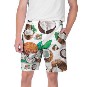 Мужские шорты 3D с принтом Кокосы в Екатеринбурге,  полиэстер 100% | прямой крой, два кармана без застежек по бокам. Мягкая трикотажная резинка на поясе, внутри которой широкие завязки. Длина чуть выше колен | coconut | fruit | nut | еда | кокос | орехи | плод | фрукты