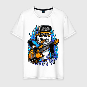 Мужская футболка хлопок с принтом Панда рокер в Тюмени, 100% хлопок | прямой крой, круглый вырез горловины, длина до линии бедер, слегка спущенное плечо. | Тематика изображения на принте: music | panda | rock | музыка | панда | рок | рокер