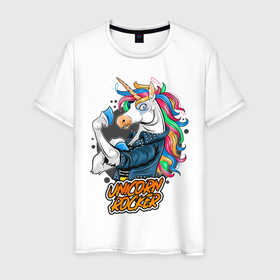 Мужская футболка хлопок с принтом Единорог рокер в Белгороде, 100% хлопок | прямой крой, круглый вырез горловины, длина до линии бедер, слегка спущенное плечо. | cute | funny | pony | rainbow | rock | rocker | unicorn | единорог | единорожка | милый | пони | радуга | рок | рокер