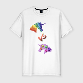 Мужская футболка хлопок Slim с принтом Pop-it vs Simple-dimple в Санкт-Петербурге, 92% хлопок, 8% лайкра | приталенный силуэт, круглый вырез ворота, длина до линии бедра, короткий рукав | Тематика изображения на принте: unicorns | единороги | поп ит | пупырка | симпл димпл