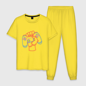 Мужская пижама хлопок с принтом Геймпад , 100% хлопок | брюки и футболка прямого кроя, без карманов, на брюках мягкая резинка на поясе и по низу штанин
 | games | джойстик | иллюстрация