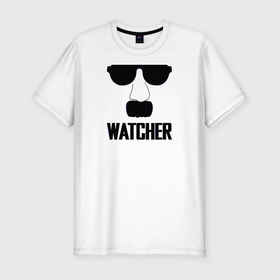 Мужская футболка хлопок Slim с принтом Шпион (Watcher) в Санкт-Петербурге, 92% хлопок, 8% лайкра | приталенный силуэт, круглый вырез ворота, длина до линии бедра, короткий рукав | Тематика изображения на принте: прикольная надпись | усы | черно белое | шпион очки