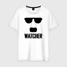 Мужская футболка хлопок с принтом Шпион (Watcher) в Новосибирске, 100% хлопок | прямой крой, круглый вырез горловины, длина до линии бедер, слегка спущенное плечо. | прикольная надпись | усы | черно белое | шпион очки