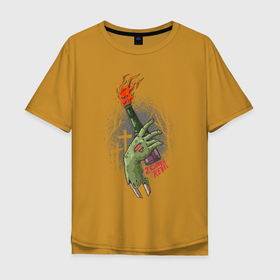 Мужская футболка хлопок Oversize с принтом Zombie Rebel в Курске, 100% хлопок | свободный крой, круглый ворот, “спинка” длиннее передней части | восстание | зомби | иллюстрация | молотов | огонь | повстанцы