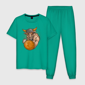 Мужская пижама хлопок с принтом Бык инвестор в Курске, 100% хлопок | брюки и футболка прямого кроя, без карманов, на брюках мягкая резинка на поясе и по низу штанин
 | биткоин | иллюстрация | инвестиции | инвестор | крипта