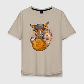 Мужская футболка хлопок Oversize с принтом Бык инвестор в Тюмени, 100% хлопок | свободный крой, круглый ворот, “спинка” длиннее передней части | Тематика изображения на принте: биткоин | иллюстрация | инвестиции | инвестор | крипта