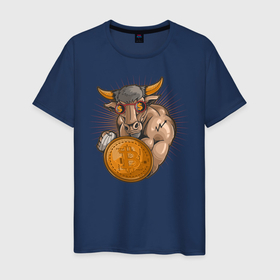 Мужская футболка хлопок с принтом Бык инвестор в Белгороде, 100% хлопок | прямой крой, круглый вырез горловины, длина до линии бедер, слегка спущенное плечо. | биткоин | иллюстрация | инвестиции | инвестор | крипта