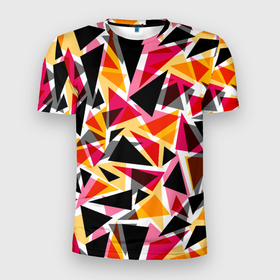 Мужская футболка 3D Slim с принтом Разноцветные черные красные желтые треугольники в Санкт-Петербурге, 100% полиэстер с улучшенными характеристиками | приталенный силуэт, круглая горловина, широкие плечи, сужается к линии бедра | абстрактный | геометрические фигуры | геометрический узор | желтый | красный | полигональный | разноцветный | треугольники | черный