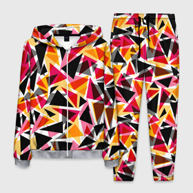 Мужской костюм 3D с принтом Разноцветные черные красные желтые треугольники в Санкт-Петербурге, 100% полиэстер | Манжеты и пояс оформлены тканевой резинкой, двухслойный капюшон со шнурком для регулировки, карманы спереди | абстрактный | геометрические фигуры | геометрический узор | желтый | красный | полигональный | разноцветный | треугольники | черный