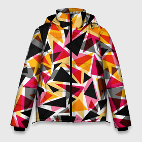 Мужская зимняя куртка 3D с принтом Разноцветные черные красные желтые треугольники в Санкт-Петербурге, верх — 100% полиэстер; подкладка — 100% полиэстер; утеплитель — 100% полиэстер | длина ниже бедра, свободный силуэт Оверсайз. Есть воротник-стойка, отстегивающийся капюшон и ветрозащитная планка. 

Боковые карманы с листочкой на кнопках и внутренний карман на молнии. | абстрактный | геометрические фигуры | геометрический узор | желтый | красный | полигональный | разноцветный | треугольники | черный