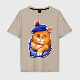Мужская футболка хлопок Oversize с принтом Кот Рыжик в Новосибирске, 100% хлопок | свободный крой, круглый ворот, “спинка” длиннее передней части | Тематика изображения на принте: берет | глаза | животные | звери | зеленый | котик. рыжий котик | котики | оранжевый | синий