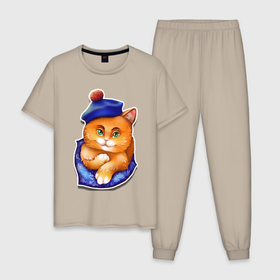 Мужская пижама хлопок с принтом Кот Рыжик в Новосибирске, 100% хлопок | брюки и футболка прямого кроя, без карманов, на брюках мягкая резинка на поясе и по низу штанин
 | берет | глаза | животные | звери | зеленый | котик. рыжий котик | котики | оранжевый | синий