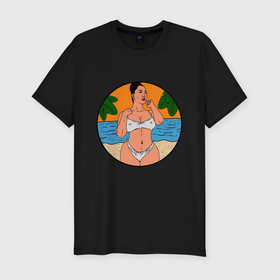 Мужская футболка хлопок Slim с принтом Сексуальная девушка в Санкт-Петербурге, 92% хлопок, 8% лайкра | приталенный силуэт, круглый вырез ворота, длина до линии бедра, короткий рукав | девушка | иллюстрация | красавица | море | отдых | пляж