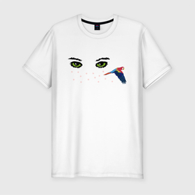 Мужская футболка хлопок Slim с принтом Глаза и попугай в Санкт-Петербурге, 92% хлопок, 8% лайкра | приталенный силуэт, круглый вырез ворота, длина до линии бедра, короткий рукав | summer | веснушки | глаза | лицо | попугай | птица