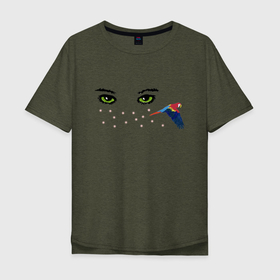 Мужская футболка хлопок Oversize с принтом Глаза и попугай в Санкт-Петербурге, 100% хлопок | свободный крой, круглый ворот, “спинка” длиннее передней части | summer | веснушки | глаза | лицо | попугай | птица