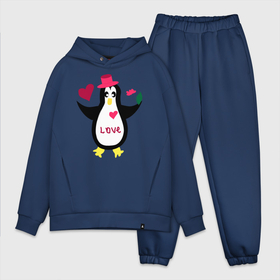 Мужской костюм хлопок OVERSIZE с принтом Влюбленный пингвин ,  |  | животные | кавайи | любовь | надпись на английском | сердца | цветы