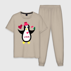 Мужская пижама хлопок с принтом Влюбленный пингвин в Кировске, 100% хлопок | брюки и футболка прямого кроя, без карманов, на брюках мягкая резинка на поясе и по низу штанин
 | животные | кавайи | любовь | надпись на английском | сердца | цветы