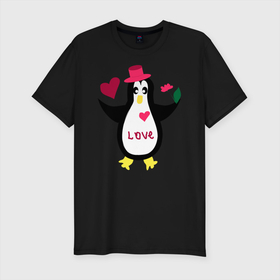 Мужская футболка хлопок Slim с принтом Влюбленный пингвин в Курске, 92% хлопок, 8% лайкра | приталенный силуэт, круглый вырез ворота, длина до линии бедра, короткий рукав | Тематика изображения на принте: животные | кавайи | любовь | надпись на английском | сердца | цветы